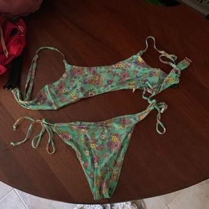Sage Green Floral Scoop Bikini and Side-Tie Bottoms M